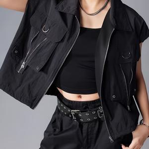 TEMU 여성용 캐주얼 지퍼 프론트 민소매 조끼 - 루즈핏 숏 라펠 칼라 솔리드 컬러, 봄 여름 가을 아웃도어 멀티포켓, 다재다능한 의류, 도시 패션, 내구성 있는 소재 라이프스타일