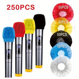 TEMU 250개 일회용 폴리에스터 마이크 윈드 커버 - 먼지 방지, 소음 차단, 통기성 탄력 밴드 포함, 5가지 색상 (빨강/노랑/검정/녹색/흰색) 스튜디오, 라이브 스트리밍, 팟캐스팅, 전자 액세서리 보호, 마이크 윈드스크린, 팟캐스팅 필수품, 생생한 컬러 선택, 탄력 있는 고정