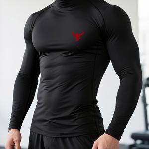 1개 황소 디자인 남성용 근육 핏 운동 셔츠 - 웨이트리프팅, 크로스핏 및 체력 향상을 위한 통기성 압박 짐 탑, 바디빌딩과 강화 훈련을 위한 타이트한 긴팔 피트니스 상의