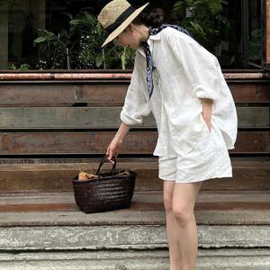 여성용 올드머니 스타일 셔츠 수트 여름 나른하고 편안한 루즈핏 심플한 셔츠와 반바지 2피스 세트