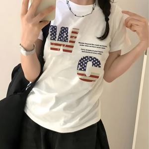 TEMU 여성 블랙 그래픽 티셔츠 - 매일 용기, 편안한 핏 라운드넥 탑으로 매일 캐주얼 웨어, 특별한 행사용 캐주얼 의상, 미국 국기 디자인, 내구성 좋은 캐주얼 웨어, 주말 의상, 트렌디한 디자인, 통기성 좋은 원단, 프린트 셔츠, 스트리트웨어 매니아