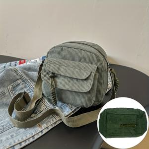 레트로 하라주쿠 코듀로이 여성용 크로스바디 백, 캐주얼 일본 스타일 숄더 핸드백, 약간의 색상 변동, 지퍼 잠금, 단색, 손세탁 가능 - 블랙, 화이트, 그린