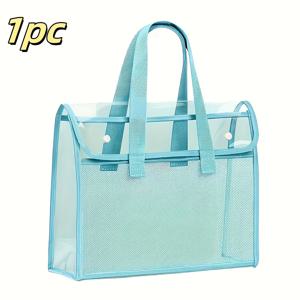 TEMU 1개 대용량 투명 파일 폴더 다용도 토트백 - 내구성 PVC 문서 보관함, 학교, 사무실, 가정 정리에 적합. A4 용지 크기(책, 용품) 수용 확장형 메쉬 정리 섹션. 휴대용 실용적 디자인으로 데스크탑 파일러/정리함. 1-5개 백투스쿨 필수 세트; 투명 내용물 확인 가능