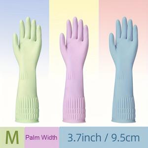 3켤레 혼합 색상 긴 가정용 라텍스 청소 장갑, 15인치(38cm) 확장 디자인, 부드럽고 편안함, 패셔너블하고 다채롭고, 높은 탄성, 재사용 가능, 가정 청소, 자동차 관리 및 일상적인 업무에 적합
