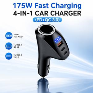 TEMU 초고속 차량용 충전기, 4포트 멀티 USB 차량용 어댑터, 최대 175W 고속 충전, PD&QC 3.0 (USB 포트 3개 포함: Type-C 2개 + USB-A 1개), 모든 12V-24V 차량과 호환, 아이폰 12 Pro Max 13, 아이패드, 갤럭시, GPS용