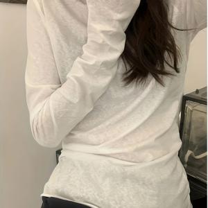 TEMU 여성 시스루 긴팔 티셔츠 라운드넥 레이어드 이너티 슬림핏 비침있는 찰랑거리는 페미닌 꾸안꾸 무지 티 화이트