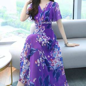 TEMU 여성 여름 봄 플로럴 원피스 반팔 V넥 쉬폰 허리라인 강조 플레어 에이라인 맥시 롱원피스 우아한 페미닌 데이트룩 하객룩