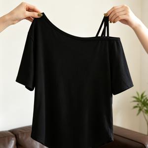 TEMU 여성용 비대칭 오프 숄더 반팔 상의, 더블 스트랩 콜드 숄더 캐주얼 티셔츠, 데일리 및 파티용 블라우스
