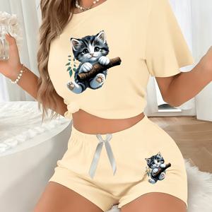 새로운 스타일리시하고 창의적인 디자인 귀여운 고양이 프린트 패셔너블하고 영한한 트렌디한 우아하고 편안한 활용도 높은 캐주얼 아우터웨어 및 언더웨어 Goodthing 여성용 2피스 세트 (리본 반팔 상의와 반바지)