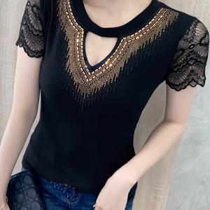 TEMU 섹시 홀아웃 티셔츠 여성용 반팔 여름복 2025 신상 레이스 패치워크 라인스톤 탑 스타일리시 슬림핏 블라우스 트렌디