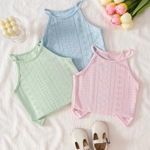 TEMU 여아 (소형) 3pcs 세트 할로우 홀터 베스트 (핑크/블루/그린), 물방울 무늬 할로우 메시 원단, 통기성 및 방열, 여름철 습기 제거, 캔디 컬러의 부드럽고 피부톤 개선, 따로 입기 또는 자외선 차단 상의와 조합 가능