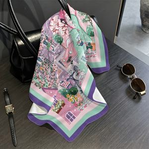 TEMU 2D 플랫 야외 다기능 헤어밴드, 핑크 코티지 및 레트로 자동차 스타일 유럽 타운 광장 스카프 모조품, 피부 친화적이고 통기성 좋음. 데일리 외출, 데이트, 커피 타임, 야외 활동, 해변 휴가 및 해변 산책에 적합