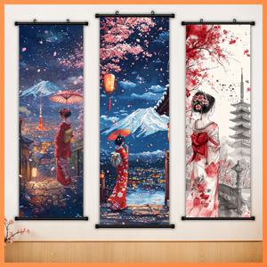 TEMU -3장의 캔버스 벽걸이 스크롤 그림 - 일본 게이샤와 벚꽃 캔버스 아트 프린트 - 거실, 침실, 홈 오피스용 HD 잉크 벽 장식 - 우아한 실내/실외 스크롤 그림, 완벽한 선물 선택!
