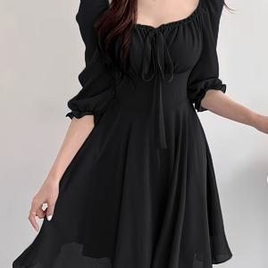 TEMU 단색 스퀘어 넥라인 미디엄 슬리브 웨이스트 끈 매듭 A라인 플레어 원피스, 새로운 가을 스타일, 우아한 여성 원피스, 인기 한국 패션, 프로모션 여성 의류, 가을/겨울 이너웨어 베이스 레이어 원피스