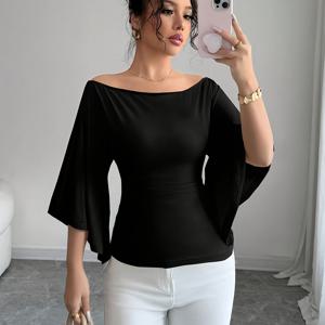 고탄성 플레어 소매 솔리드 오프숄더 우아한 여성 티셔츠
