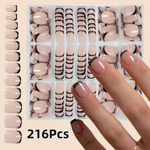 TEMU 216pcs 숏 스퀘어 프레스온 네일, 블랙 프렌치 팁 소프트 젤 네일 팁, 3-in-1 코팅 프리코팅 네일 팁 프라이머 & 베이스 코트, 12가지 사이즈 DIY 내구성 강한 착용 가능 네일