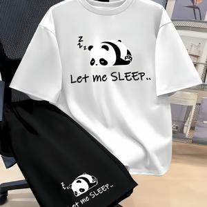 TEMU 남성용 여름 캐주얼 팬더 프린트 티셔츠 세트 2pcs - 