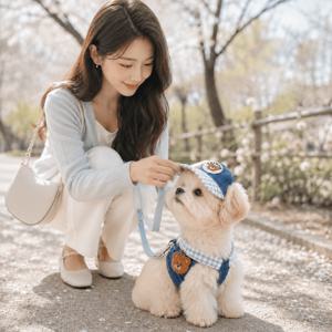 여름 애견 옷 세트 강아지 고양이 공용 데님 조끼 하네스 리드줄 캡모자 산책 세트