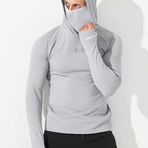 남성용 운동용 야외 후드 퀵 드라이 긴팔 티셔츠 (얼굴 마스크 포함), 피트니스 러닝 웨어, 탄성 있는 타이트 트레이닝 탑, 통기성 커프스 (반사 기능성 낚시 야외 탑)