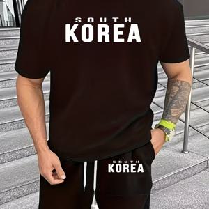 TEMU SOUTH KOREA 레터 프린트 패턴 - 남성용 2피스 의류 - 반팔 티셔츠와 폴리에스터 반바지, 가볍고 편안한 캐주얼 스포츠웨어 세트, 봄/여름 의류 또는 친구 선물용으로 적합