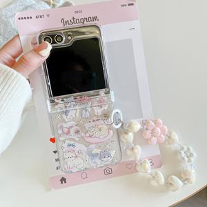 TEMU 휴대폰 케이스 - 귀여운 고양이 리본 접이식 휴대폰 케이스 (팔찌 포함), Galaxy Z Flip 3 4 5 6 7 호환, W24 Flip 사용자에게 적합