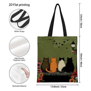 TEMU 1개 2D 프린트 네 마리의 고양이 새를 지켜보는 패턴 토트백, 재사용 가능한 장바구니, 튼튼한 손잡이, 여행, 해변 및 일상 통근을 위한 다용도 숄더백, 접이식 폴리에스터 소재