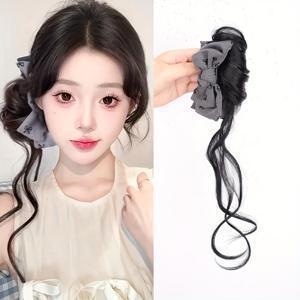 할로윈 합성繊維 14인치 가발, 집게핀, 리본, 드래곤 수염 번, 레이지 스타일, 여성용 한국식 푹신한 번