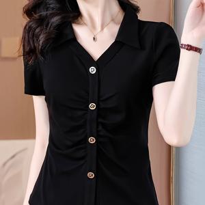 TEMU 여성용 서양식 티셔츠, 여름 솔리드 컬러 칼라, 패셔너블 러플 텀미커버 반팔 티셔츠, 여성 시크 스퀘어숄더 탑
