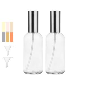 TEMU 2개 100ML 리필 가능 유리 화장 스프레이 병 | 미세 미스트, 투명 여행용 메이크업 용기 (실버 펌프 포함), 깔때기 2개 & 라벨 시트 1개 포함, 재사용 가능한 디스펜서 (뷰티 케어, 헤어, 식물 세척용)