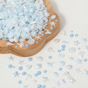 TEMU 미니 수지 불가사리별 & 조개 200개입 봉투 (봉투당 200개) - 네일 아트 참, DIY 공예, 네일, 크리스마스 장식용 AB 컬러 플랫백 바다 생물 - 화이트/핑크/블루 혼합, 한국 스타일 장식