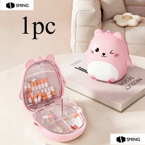 TEMU 귀여운 화이트 핑크 웃는 얼굴 곰 알약 케이스 1개 - 대용량 약통, 보석류, 귀걸이, 생선기름 캡슐 등 소품 보관에 적합. 밀폐형 칸막이와 라벨이 부착된 5개의 개별 플립탑 수납공간 포함. 이상적