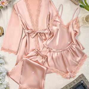 5pcs 단색 새틴 레이스 패치워크 파자마 세트, 긴소매 로브 및 V넥 홀터넥 및 반바지 및 바지 및 벨트, 여성용 우아한 파자마 및 라운지웨어