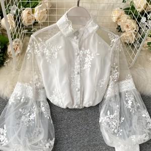 TEMU 여성용 우아한 봄 가을 자수 자카드 스탠드 칼라 퍼프 슬리브 루즈핏 셔츠