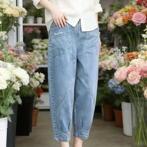TEMU 여성 봄여름 데일리 캐주얼 블루 빈티지 청바지 와이드핏 밴딩 하이웨스트 배기 데님 팬츠 빅 포켓 스트릿패션 외출 착용 가능한 팬츠 슬림소녀