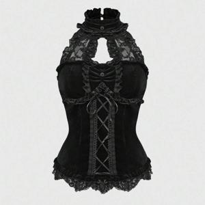 페어리코어 봄/여름 고딕 엘레강트 스탠드 칼라 벨벳 & 레이스 패치워크 타이업 허리 여성용 캐미솔