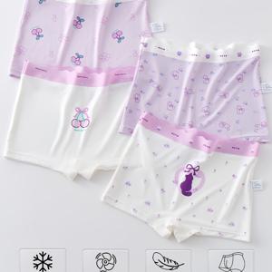 TEMU [4개 랜덤 4-Strip Pc] 여아용 통기성 사각 팬티, 귀여운 보라색 흰색 체리 고양이 만화 프린트, 부드러운 피부 친화적 드라이, 높은 탄성 웨이브 허리 밴드, 압박 없이 미끄럼 방지, 얇은 아이스 쿨 땀 방지, 찌그러짐 방지 PP 플랫 반바지