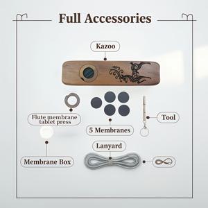 원목 카주, 악기, 리드 멤브레인 5개와 랜야드 1개 포함. 즐거운 모임, 캠핑 공연, 선물용으로 적합. 피아노, 바이올린, 우쿨렐레, 기타의 이상적인 동반자로서 음악 애호가, 생일 선물, 어머니의 날 및 아버지의 날 선물을 위한 최고의 선택