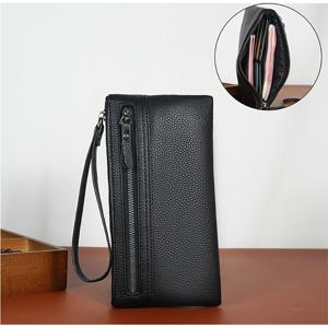 남성용 천연 소가죽 진품 가죽 손목 클러치 지갑, 핸드 스트랩이 있는 긴 지퍼 지갑, 비즈니스 캐주얼용 멀티 카드 슬롯 데일리 핸드백