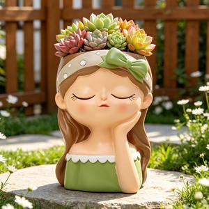 TEMU 배수구가 있는 귀여운 소녀 얼굴 수지 화분 - 인간 모양 다육이 테라리움 화분, 실내/실외용, 발코니 및 책상 정원용, 식물 애호가를 위한 선물, 책상, 발코니, 정원 조경용 수지 식물 받침대