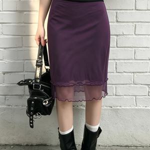 Sassygals 라이트 매트어 로열 시스터 스타일 퍼플 메시 더블 레이어 여성 스커트 여성 로우 웨이스트 슬림핏 출퇴근 핫 미드 레인지 스커트 여름 신상 데일리 웨어 지성 여성 힙 스커트