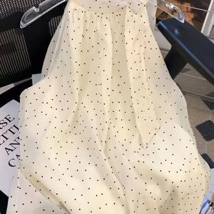 여성용 폴카닷 타이넥 홀터넥 쉬폰 블라우스, 여름용 루즈핏 복부 컨트롤 돌넥 탑, 초라이트한 느낌의 민소매 상의