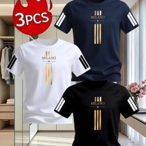 TEMU 3pcs 남성 티셔츠 세트, 밀라네시 이탈리아 디자인 패턴, 스타일리시 프린트 티셔츠, 캐주얼 웨어, 피트니스, 외출에 적합, 편안하고 통기성 좋은 남성 여름옷