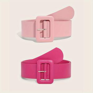 TEMU 2 개/대 핑크 PU 와이드 벨트 유행 스퀘어 버클 캔디 컬러 장식 허리띠 여성을위한 우아한 드레스 코트 거들