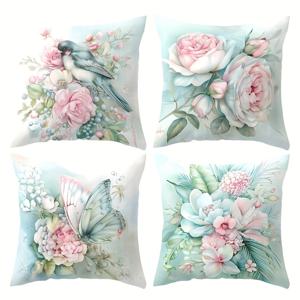 4개 소파 쿠션 커버, 산뜻하고 우아한 스타일의 새, 나비, 꽃 베개 커버, 45cm x 45cm 양면 프린트 홈 데코 소파 허리 지지 커버 쿠션 커버, 베개 속통 미포함