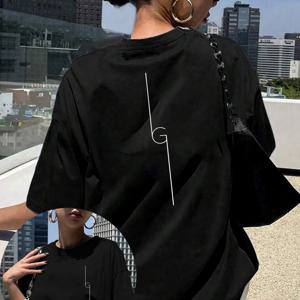 TEMU 여성용 레터링 티셔츠 G 레터, 스타일 블랙 반팔 라운드넥 캐주얼 상의, 중간 신축성 통기성 원단, 봄 여름용 세탁기 사용 가능, 여름 의류로 적합, 편안한 스타일