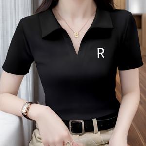 TEMU 2025년 신상 봄/여름 여성용 블랙 칼라 반팔 티셔츠, 슬림핏, 캐주얼 티 탑, 인스타 스타일