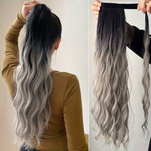 TEMU 클로 포니테일 익스텐션 24인치 60cm 워터 웨이브 빅 웨이브 컬리 클립인 헤어 익스텐션 여성용 소프트 합성 헤어피스 블랙/블루