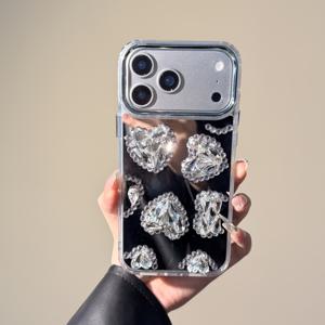 TEMU 휴대폰 케이스 - 여성용 아이폰 16 Pro Max에 적합한 고급스러운 하트 모양 거울 아이폰 케이스