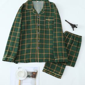 TEMU 남성 캐주얼 및 편안한 블랙 체크무늬 홈웨어 턴다운 칼라 가디건 세트. 봄, 여름, 가을, 겨울 4계절에 적합. 외출복으로 긴팔 긴바지 2피스 세트로 착용 가능