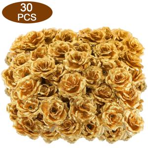 30개 리얼리스틱 골든 로즈 인조 꽃 - 3.1인치 꽃머리, 웨딩, 발렌타인데이, 어머니날 장식용 - 우아한 골드 스템, 관리 불필요